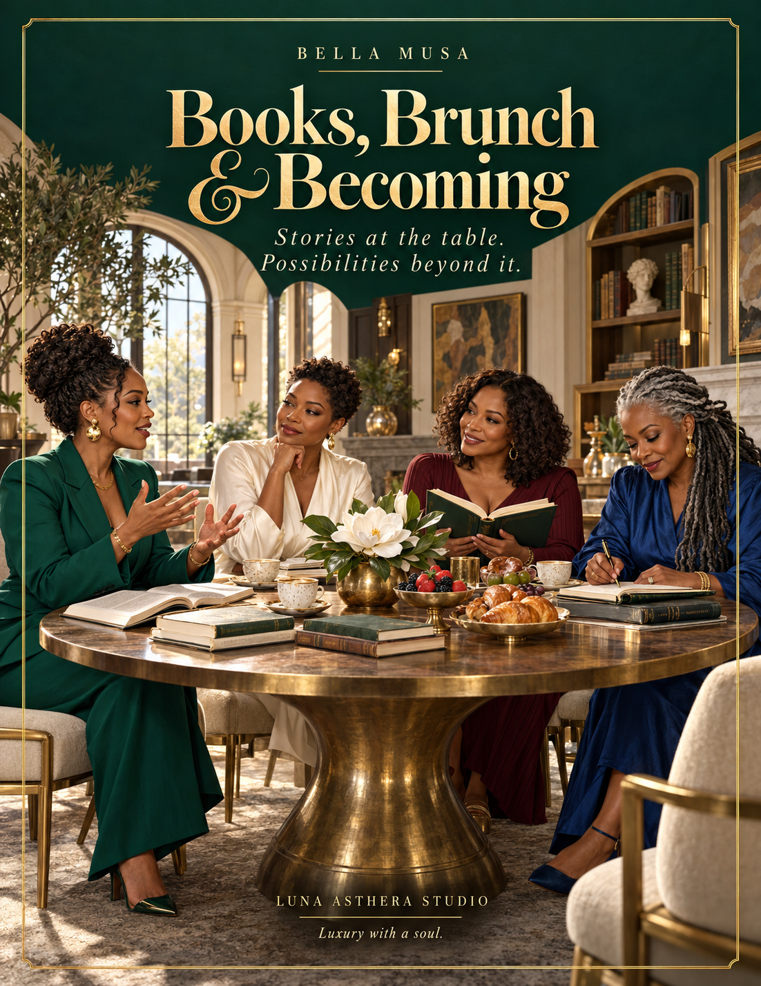 Books, Brunch & Becoming journal cover with four Black women sharing books, conversation and brunch around a table in an elegant library, framed by emerald and gold lettering